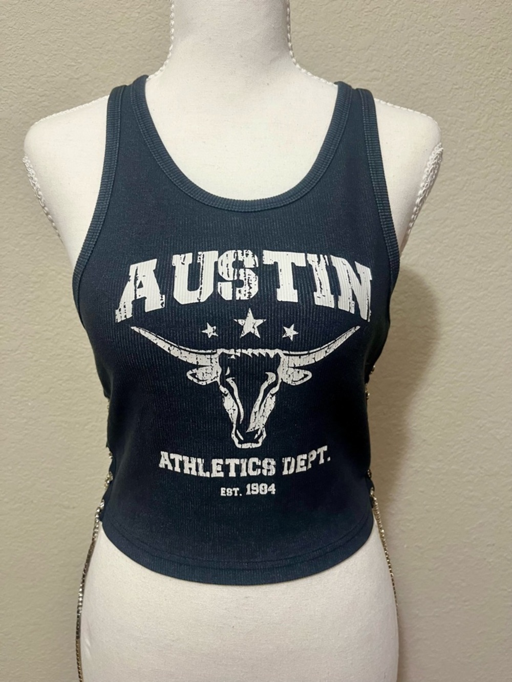 Forever 21 Black Austin Graphic crop top with rhinestone laces